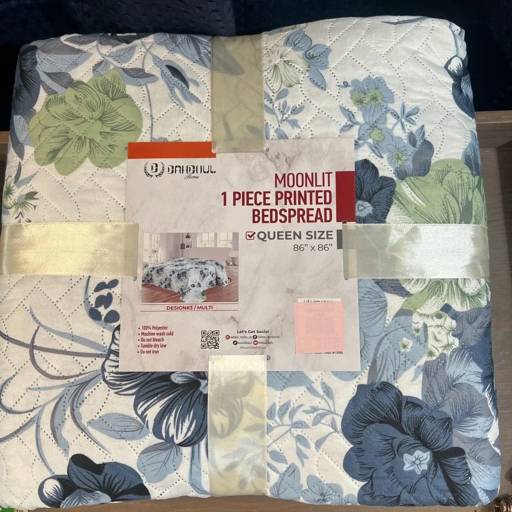 Dahdoul Home Moonlit Queen Bedspread Blue‎ Green Floral Printed 86x86 NEW